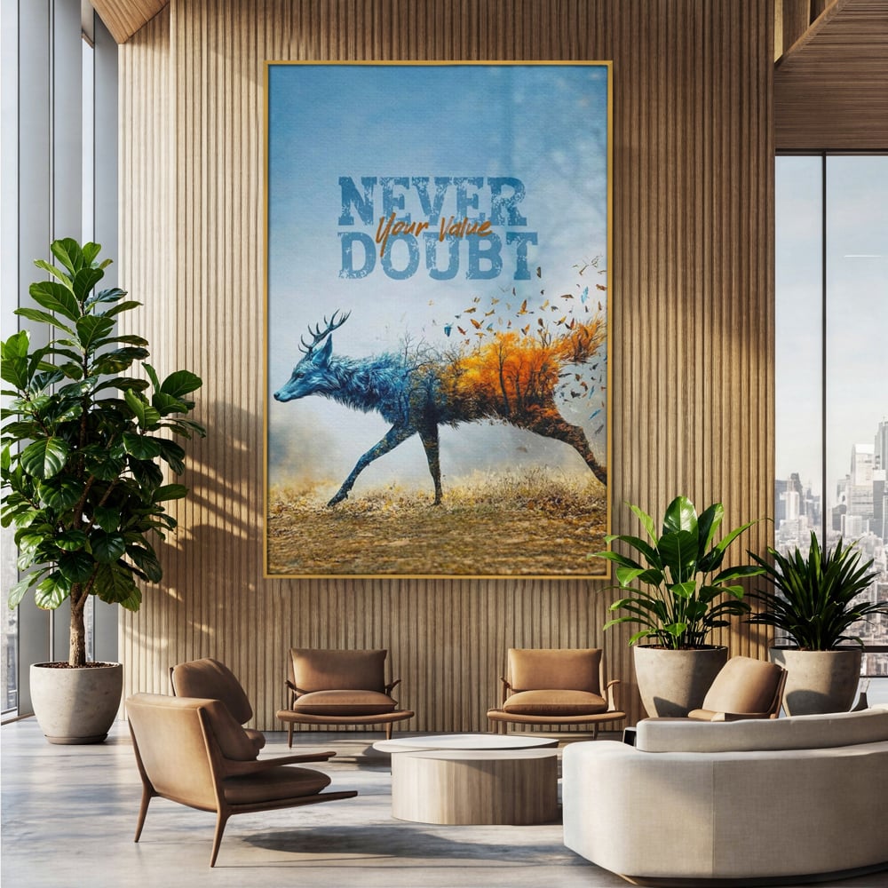 Tablou canvas cu tablou canvas cu cerb si padure, in rama de aluminiu auriu, pe perete intr-un birou